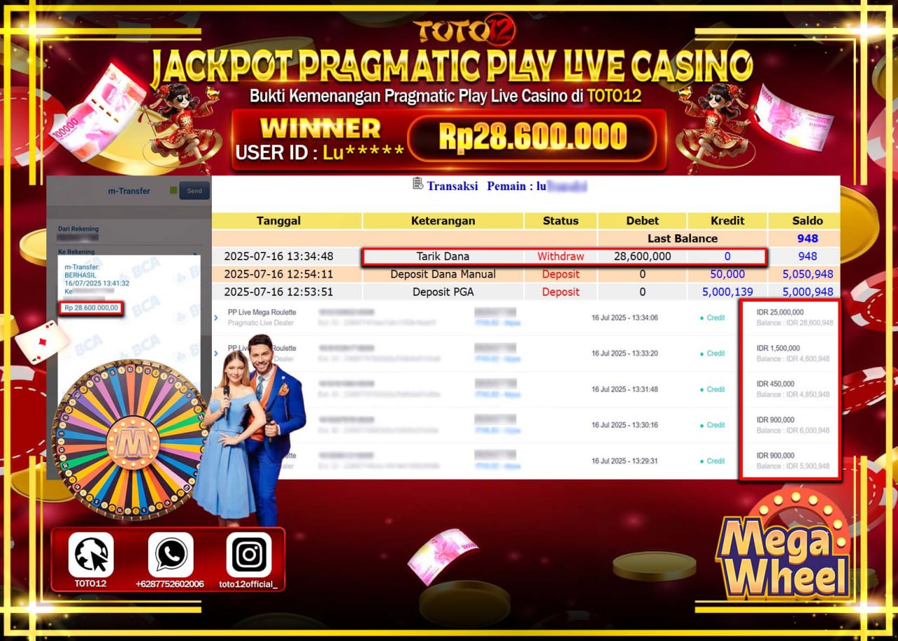HANYA DI TOTO12 JP PASTI DI BAYAR LUNAS DAN CEPAT!!!!!! JACKPOT PRAGMATIC PLAY LIVE CASINO (MEGA WHEEL) Rp.28.600.000 !!!!
