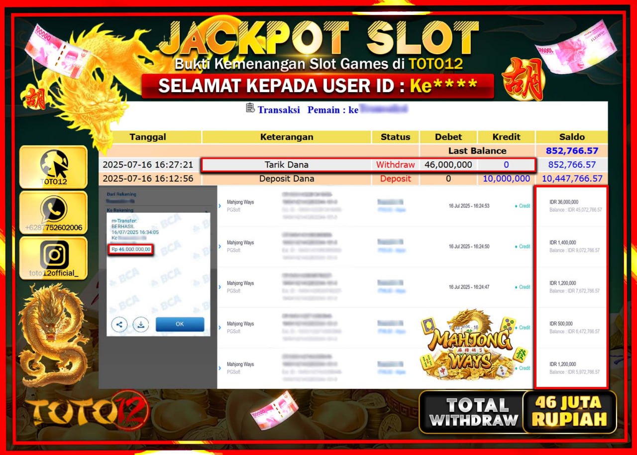 HANYA DI TOTO12 JP PASTI DI BAYAR LUNAS DAN CEPAT!!!!!! JACKPOT SLOT GAME (MAHJONG WAYS) Rp.46.000.000 !!!!