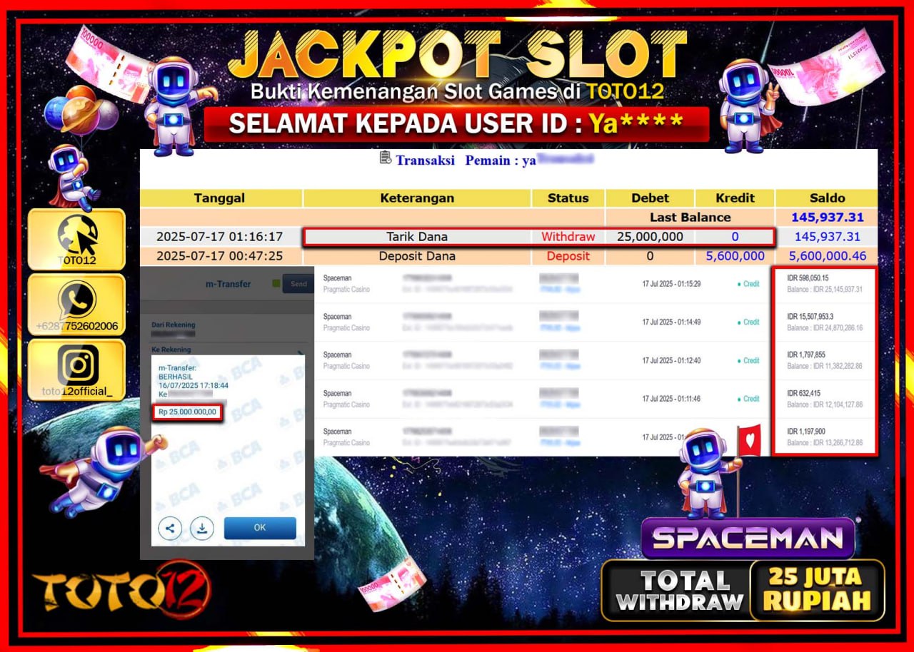 HANYA DI TOTO12 JP PASTI DI BAYAR LUNAS DAN CEPAT!!!!!! JACKPOT SLOT GAME (SPACEMAN) Rp.25.000.000 !!!!