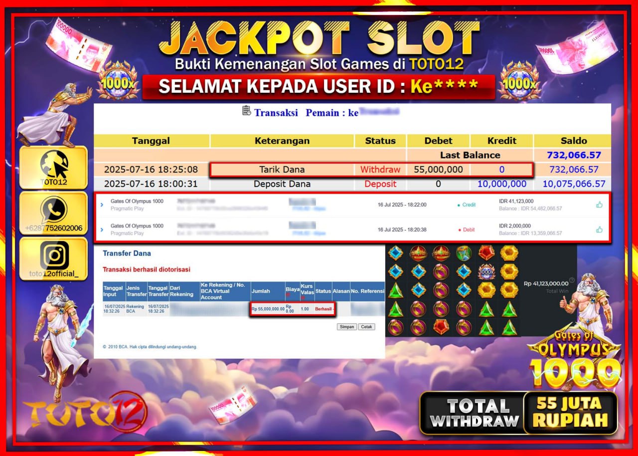 HANYA DI TOTO12 JP PASTI DI BAYAR LUNAS DAN CEPAT!!!!!! JACKPOT SLOT GAME (GATES OF OLYMPUS 1000) Rp.55.000.000 !!!!