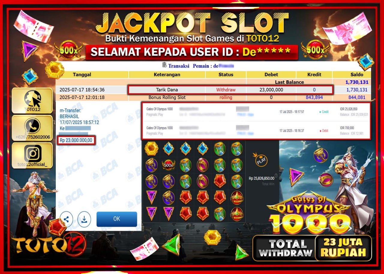 HANYA DI TOTO12 JP PASTI DI BAYAR LUNAS DAN CEPAT!!!!!! JACKPOT SLOT GAME (GATES OF OLYMPUS 1000) Rp.23.000.000 !!!!