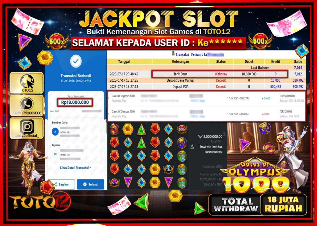 HANYA DI TOTO12 JP PASTI DI BAYAR LUNAS DAN CEPAT!!!!!! JACKPOT SLOT GAME (GATES OF OLYMPUS 1000) Rp.18.000.000 !!!!