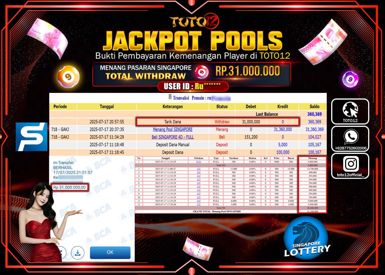 HANYA DI TOTO12 JP PASTI DI BAYAR LUNAS DAN CEPAT!!!!!! JACKPOT POOLS PASARAN (SINGAPORE) Rp.31.000.000 !!!!