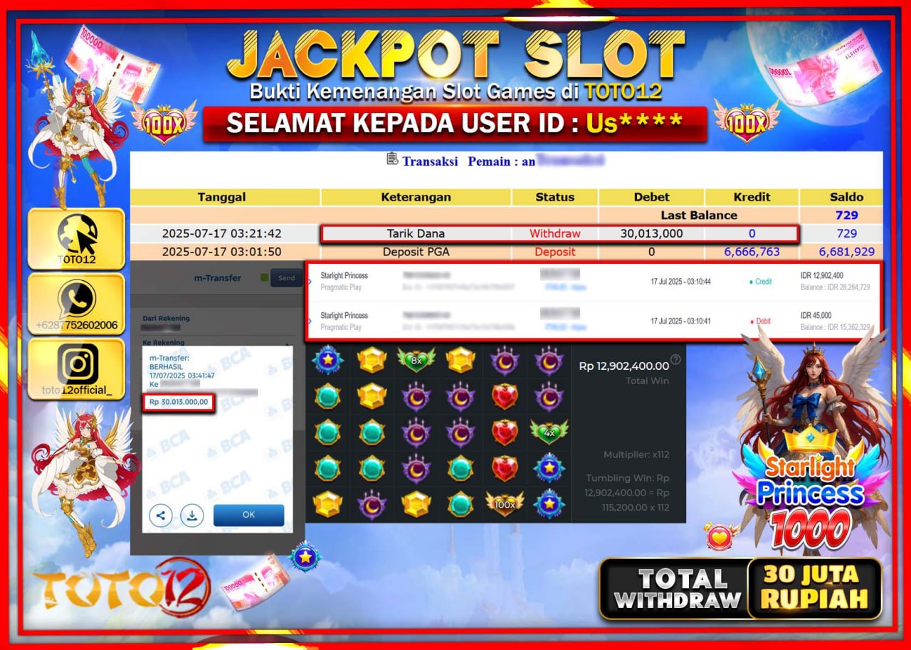 HANYA DI TOTO12 JP PASTI DI BAYAR LUNAS DAN CEPAT!!!!!! JACKPOT SLOT GAME (STARLIGHT PRINCESS 1000) Rp.30.000.000 !!!!