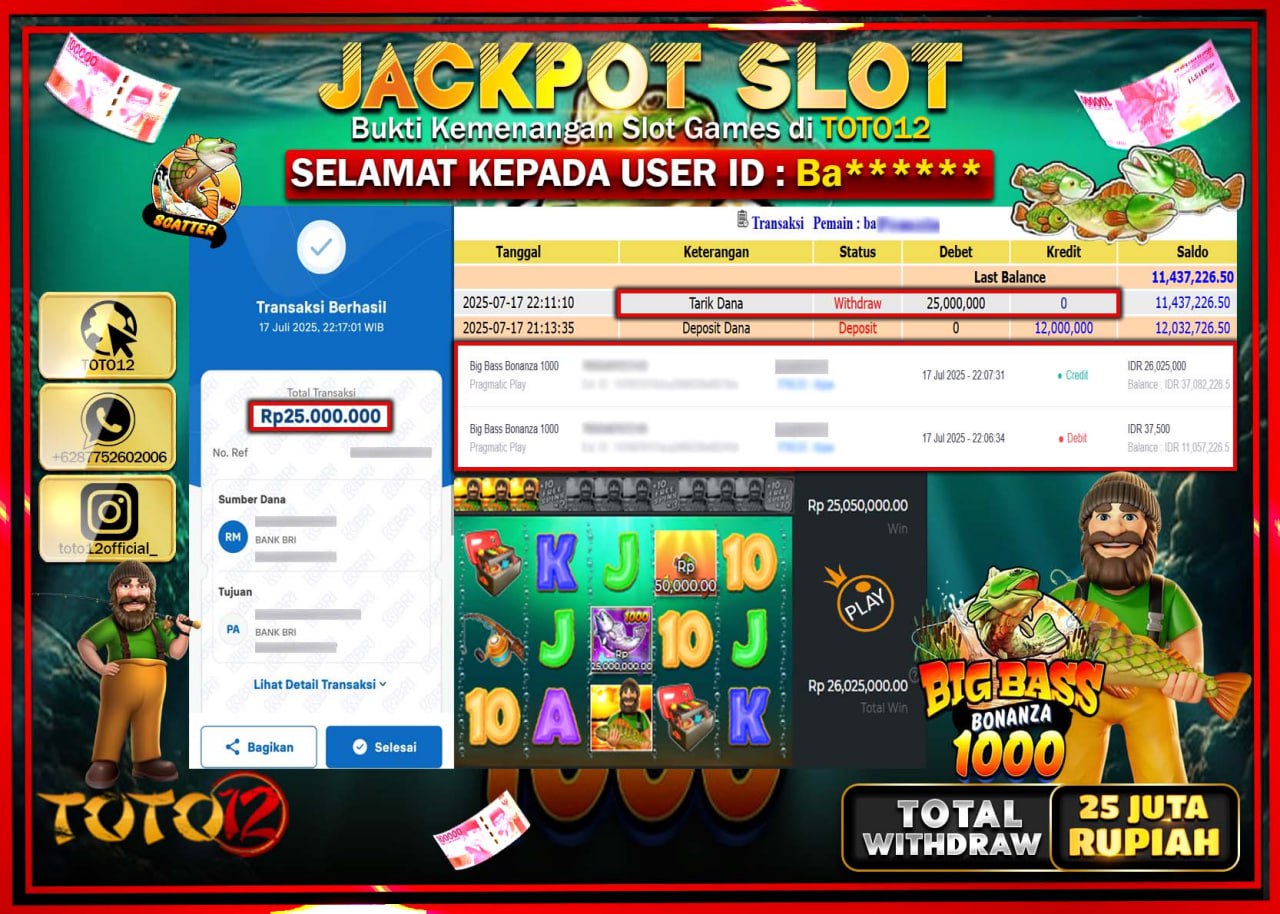 HANYA DI TOTO12 JP PASTI DI BAYAR LUNAS DAN CEPAT!!!!!! JACKPOT SLOT GAME (BIG BASS BONANZA 1000) Rp.25.000.000 !!!!