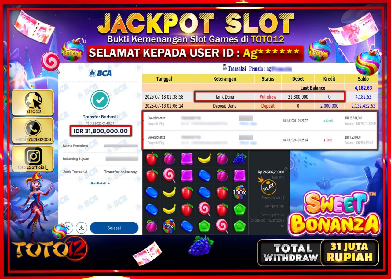 HANYA DI TOTO12 JP PASTI DI BAYAR LUNAS DAN CEPAT!!!!!! JACKPOT SLOT GAME (SWEET BONANZA) Rp.31.000.000 !!!!