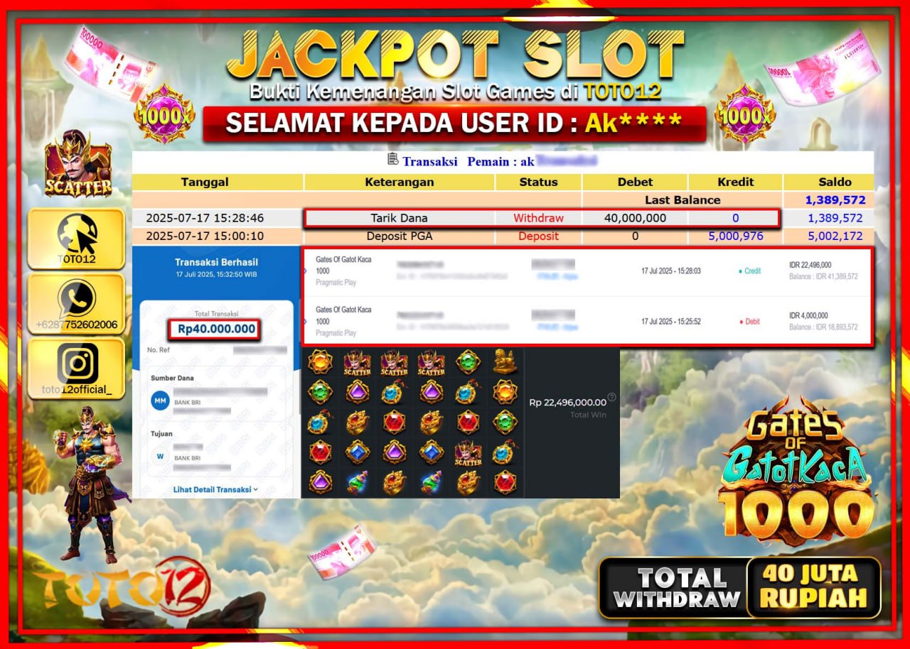 HANYA DI TOTO12 JP PASTI DI BAYAR LUNAS DAN CEPAT!!!!!! JACKPOT SLOT GAME (GATES OF GATOT KACA 1000) Rp.40.000.000 !!!!