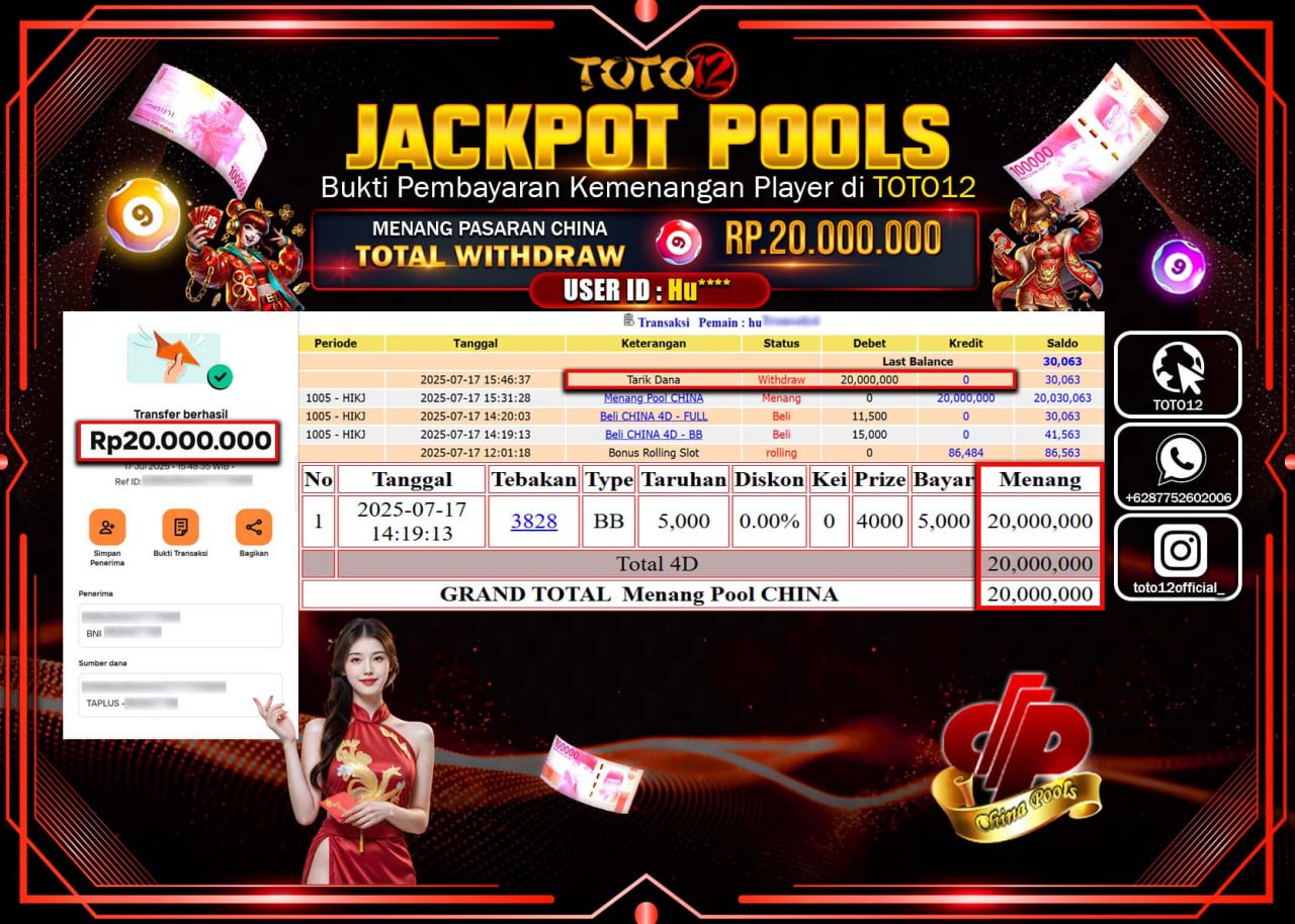 HANYA DI TOTO12 JP PASTI DI BAYAR LUNAS DAN CEPAT!!!!!! JACKPOT POOLS PASARAN (CHINA) Rp.20.000.000 !!!!