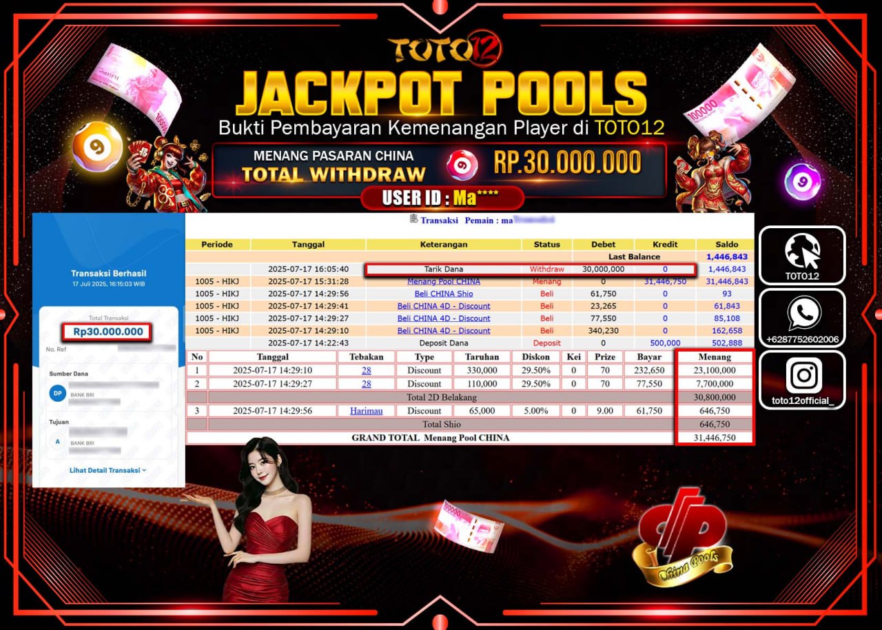 HANYA DI TOTO12 JP PASTI DI BAYAR LUNAS DAN CEPAT!!!!!! JACKPOT POOLS PASARAN (CHINA) Rp.30.000.000 !!!!