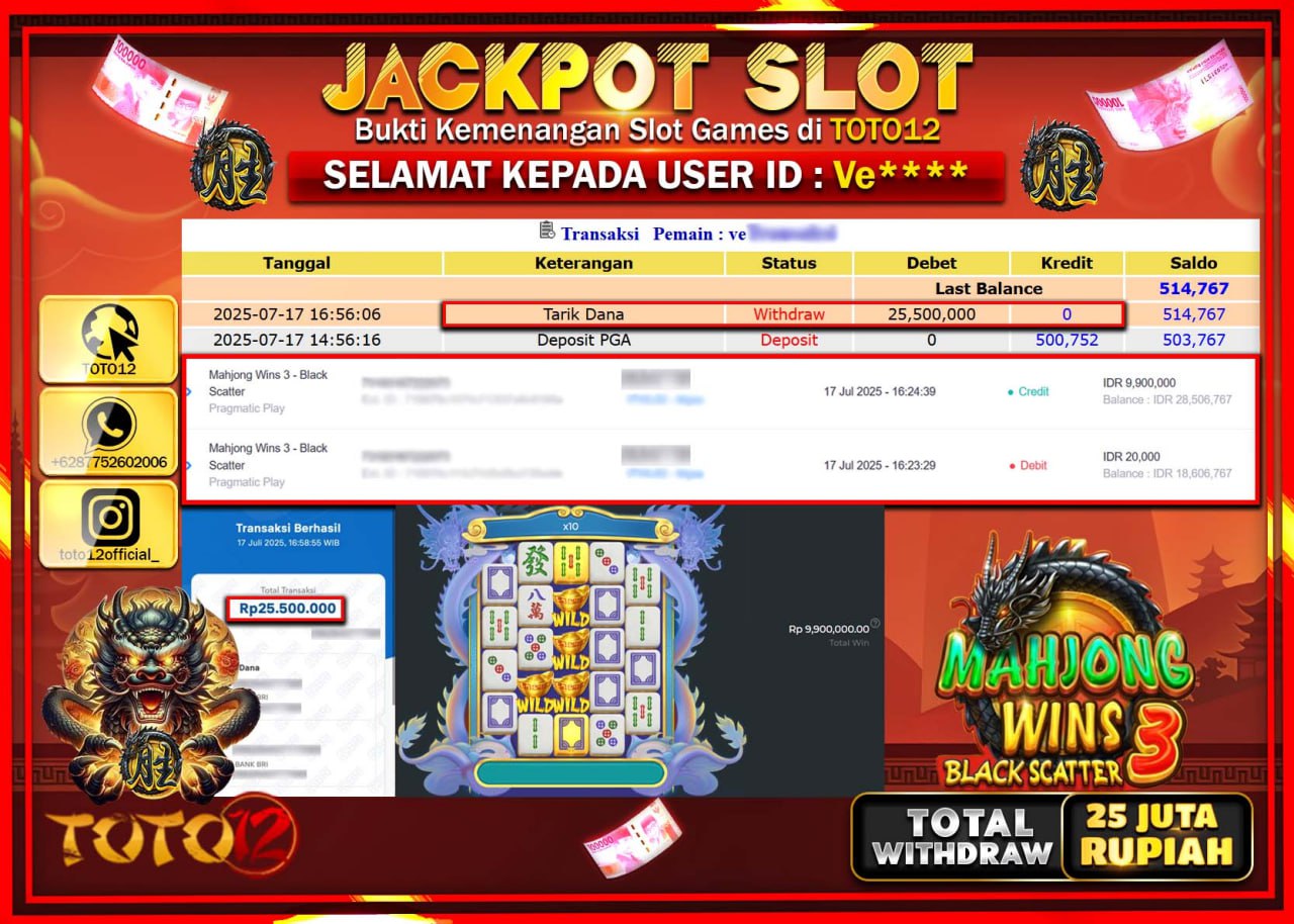 HANYA DI TOTO12 JP PASTI DI BAYAR LUNAS DAN CEPAT!!!!!! JACKPOT SLOT GAME (MAHJONG WINS BLACK SCATTER 3) Rp.25.000.000 !!!!