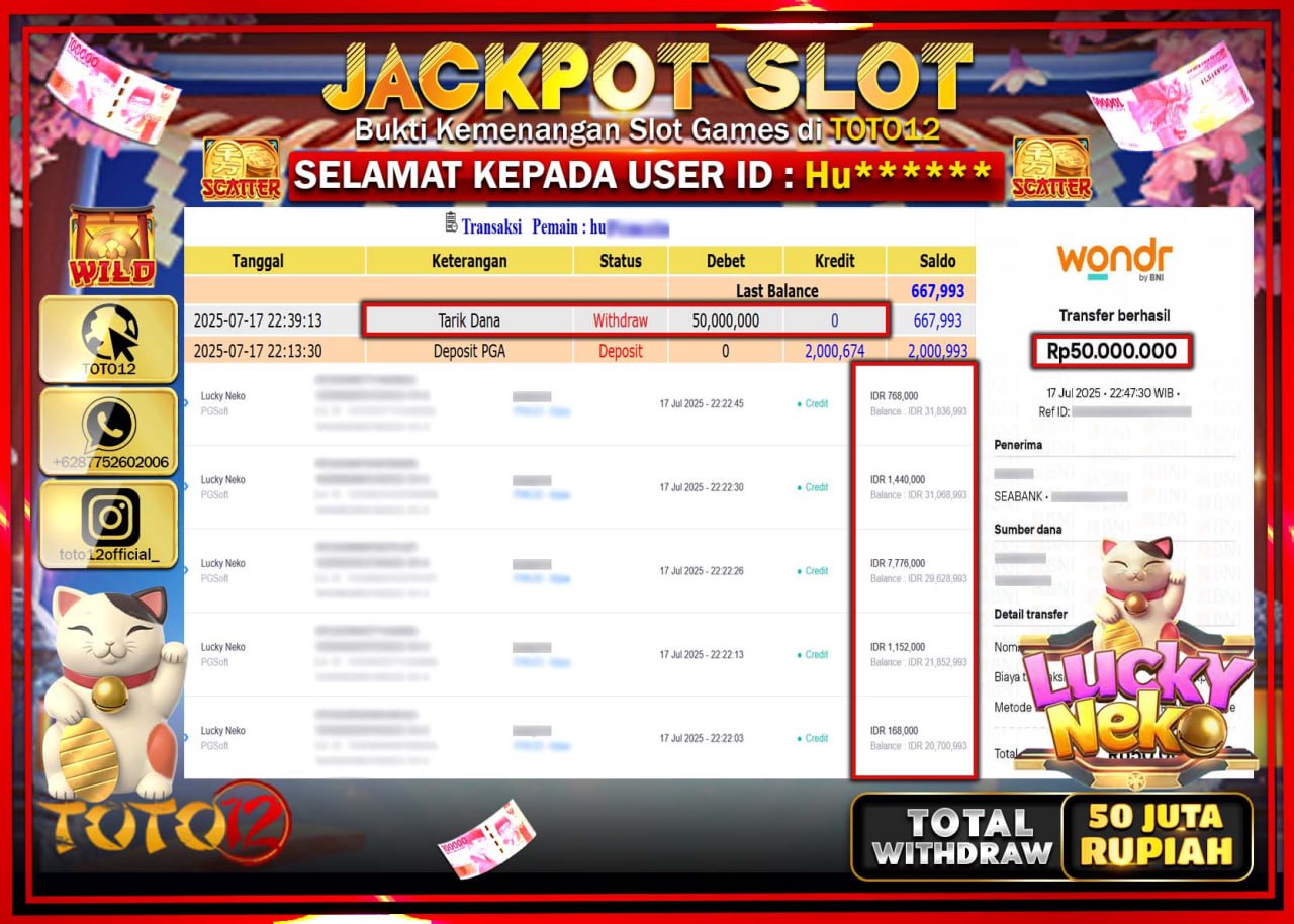 HANYA DI TOTO12 JP PASTI DI BAYAR LUNAS DAN CEPAT!!!!!! JACKPOT SLOT GAME (LUCKY NEKO) Rp.50.000.000 !!!!
