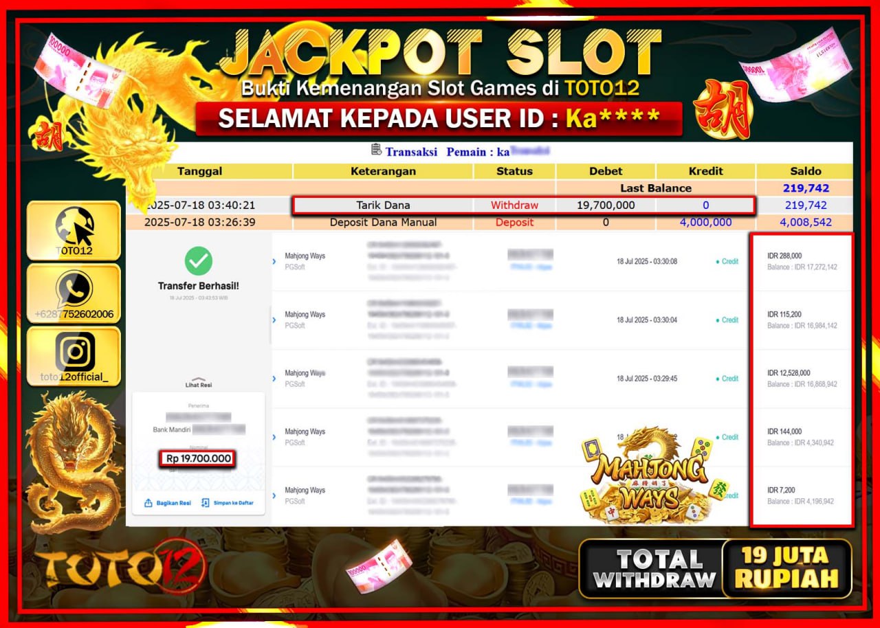 HANYA DI TOTO12 JP PASTI DI BAYAR LUNAS DAN CEPAT!!!!!! JACKPOT SLOT GAME (MAHJONG WAYS) Rp.19.000.000 !!!!
