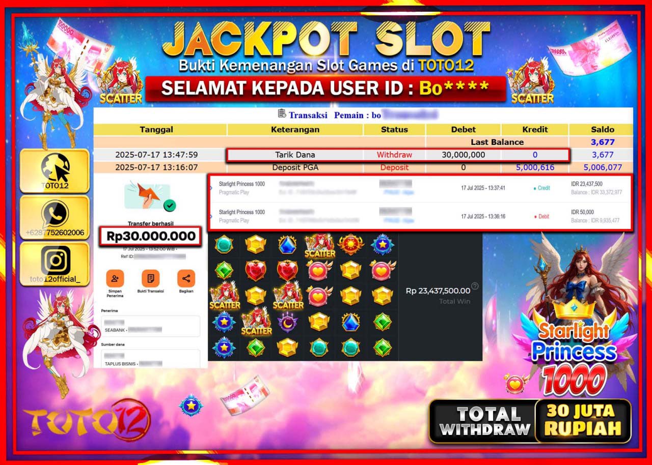 HANYA DI TOTO12 JP PASTI DI BAYAR LUNAS DAN CEPAT!!!!!! JACKPOT SLOT GAME (STARLIGHT PRINCESS 1000) Rp.30.000.000 !!!!
