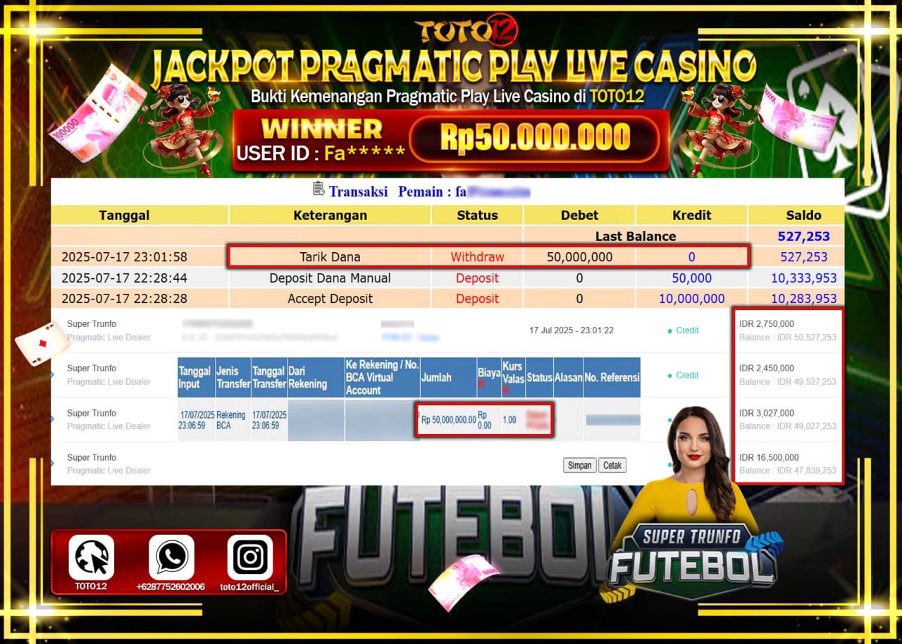 HANYA DI TOTO12 JP PASTI DI BAYAR LUNAS DAN CEPAT!!!!!! JACKPOT PRAGMATIC PLAY LIVE CASINO (SUPER TRUNFO) Rp.50.000.000 !!!!