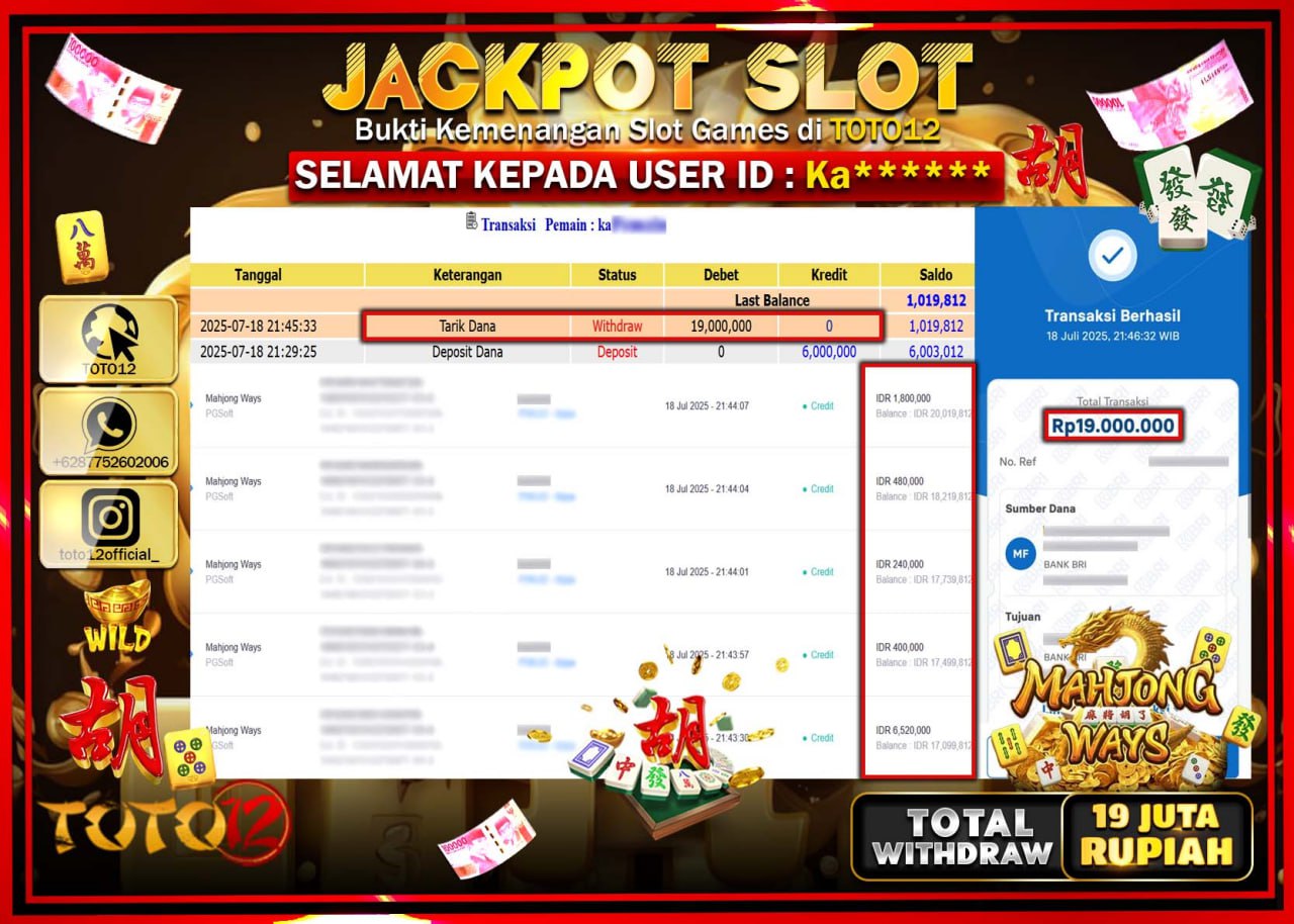 HANYA DI TOTO12 JP PASTI DI BAYAR LUNAS DAN CEPAT!!!!!! JACKPOT SLOT GAME (MAHJONG WAYS) Rp.19.000.000 !!!!