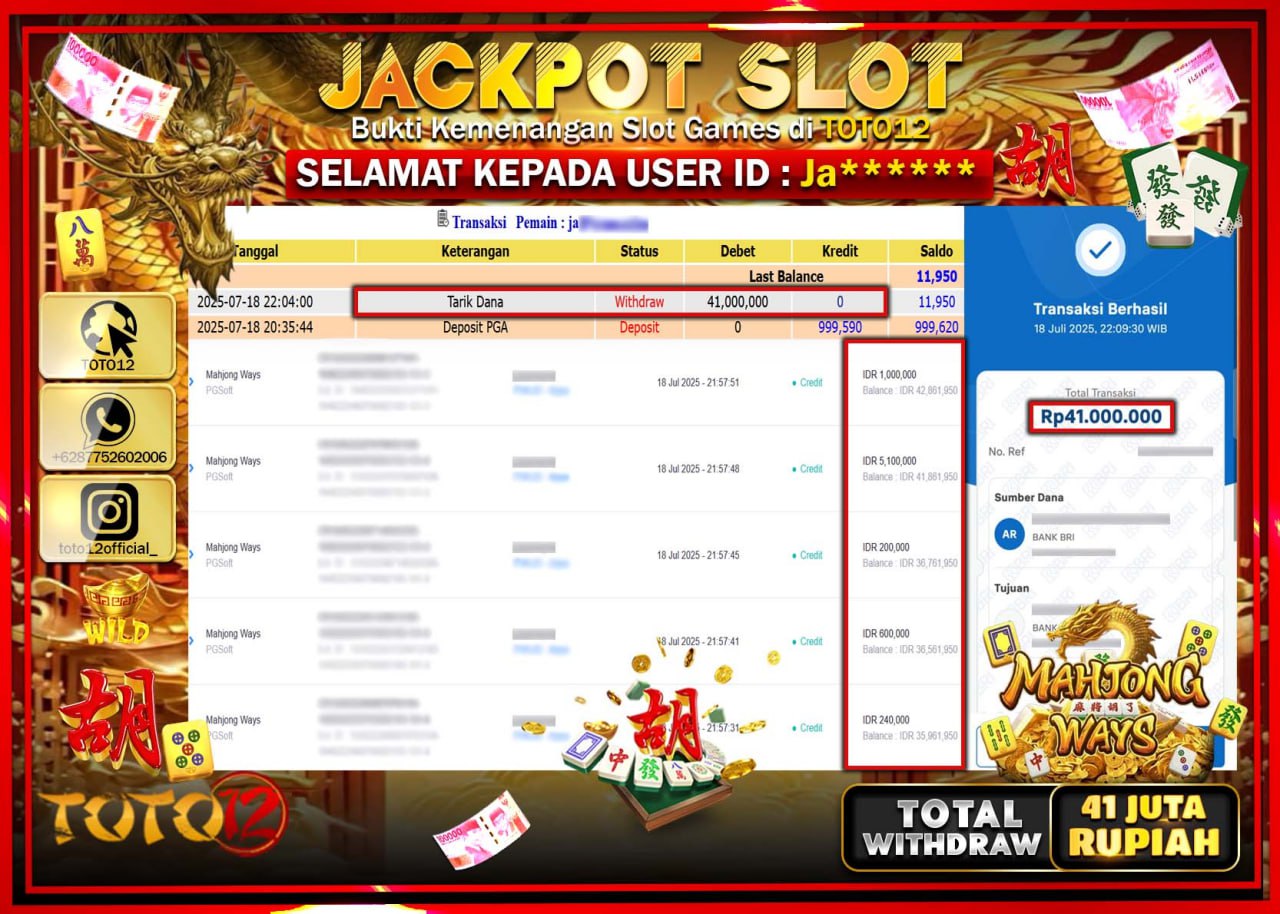 HANYA DI TOTO12 JP PASTI DI BAYAR LUNAS DAN CEPAT!!!!!! JACKPOT SLOT GAME (MAHJONG WAYS) Rp.41.000.000 !!!!