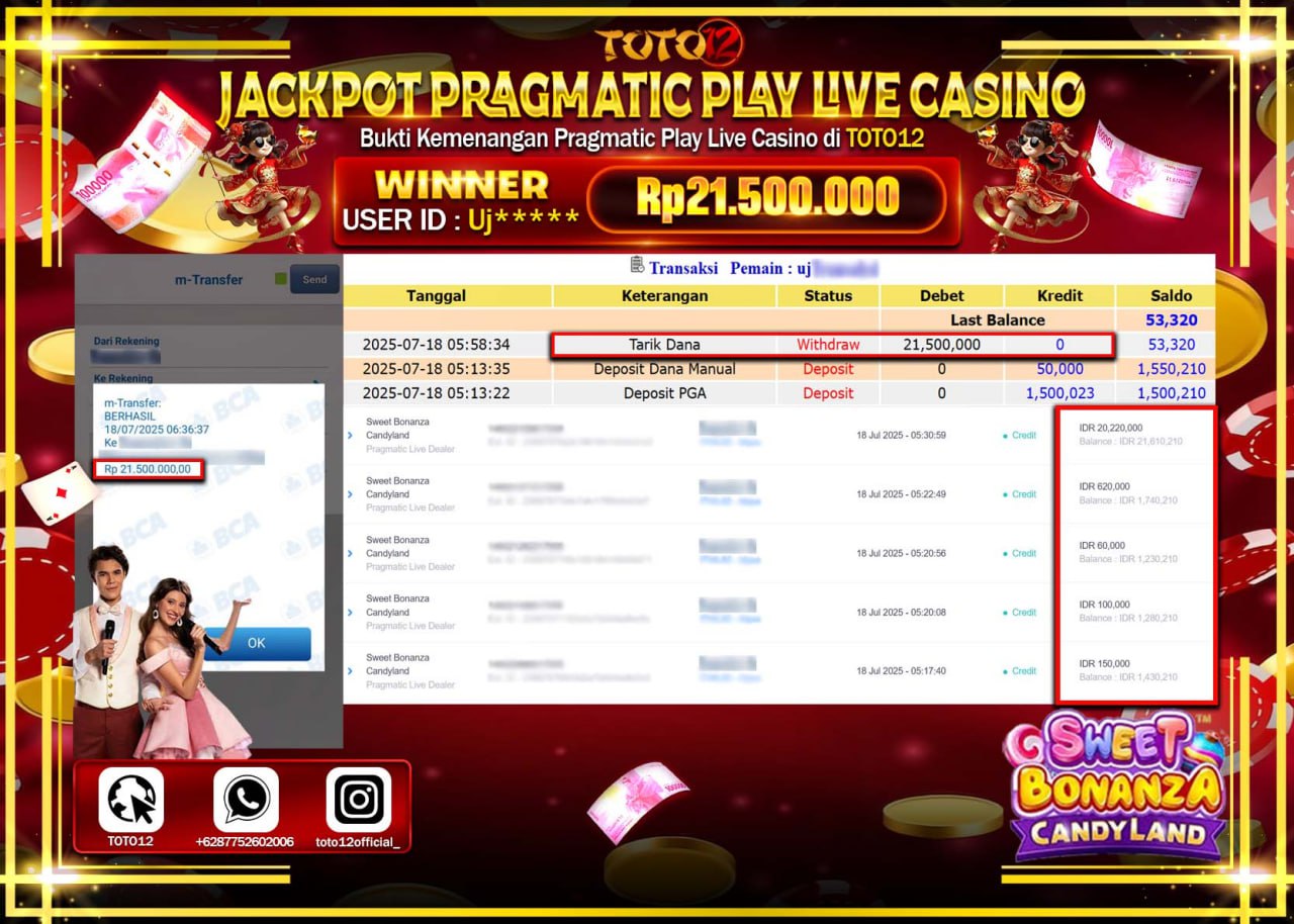HANYA DI TOTO12 JP PASTI DI BAYAR LUNAS DAN CEPAT!!!!!! JACKPOT PRAGMATIC PLAY LIVE CASINO (SWEET BONANZA CANDY LAND) Rp.21.500.000 !!!!