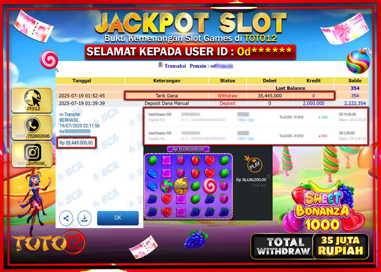 HANYA DI TOTO12 JP PASTI DI BAYAR LUNAS DAN CEPAT!!!!!! JACKPOT SLOT GAME (SWEET BONANZA 1000) Rp.35.000.000 !!!!