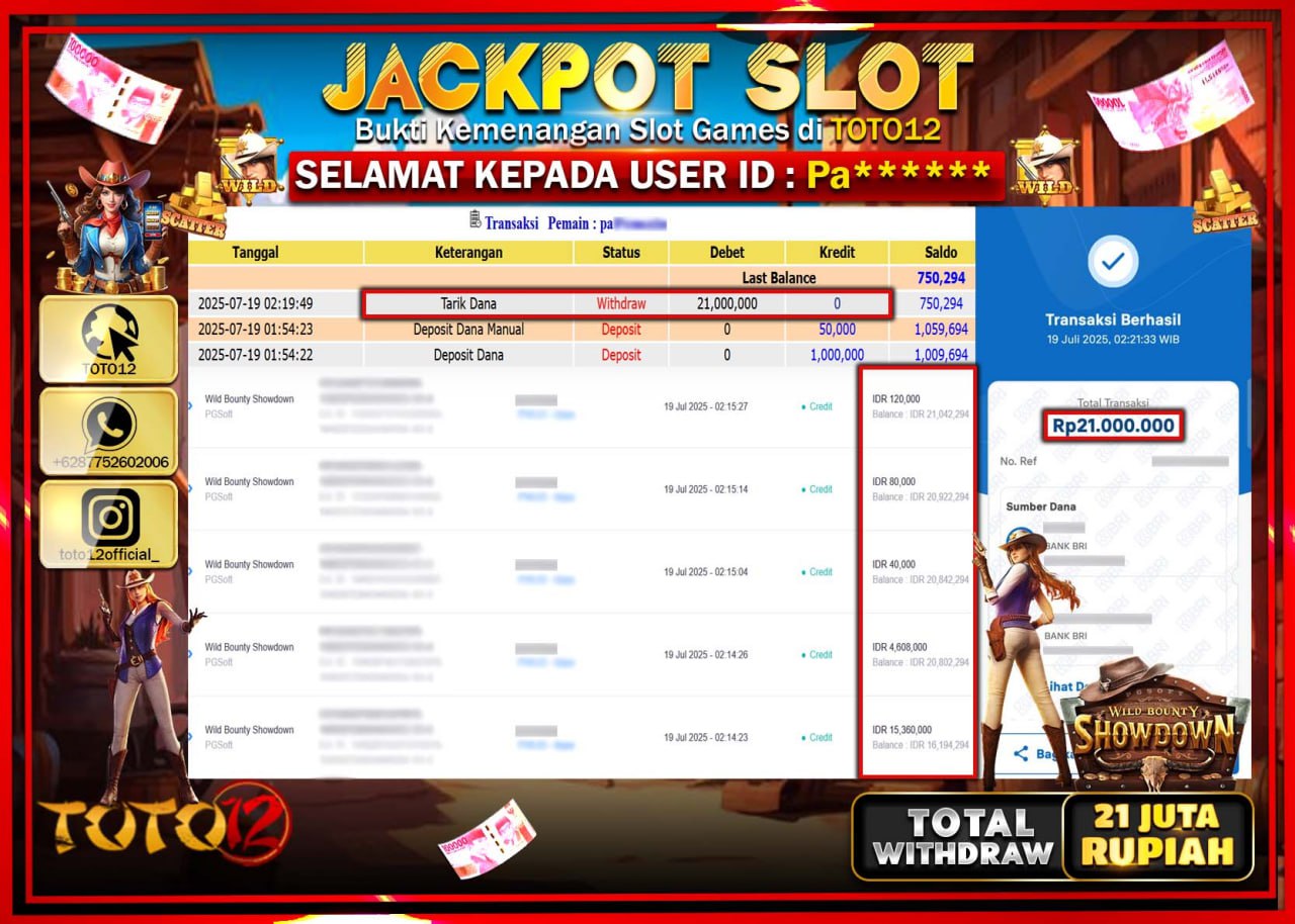 HANYA DI TOTO12 JP PASTI DI BAYAR LUNAS DAN CEPAT!!!!!! JACKPOT SLOT GAME (WILD BOUNTY SHOWDOWN) Rp.21.000.000 !!!!
