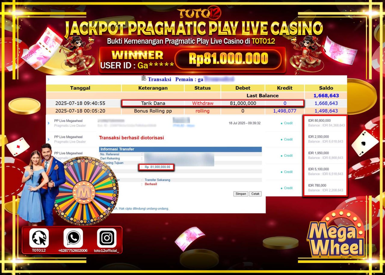 HANYA DI TOTO12 JP PASTI DI BAYAR LUNAS DAN CEPAT!!!!!! JACKPOT PRAGMATIC PLAY LIVE CASINO (MEGA WHEEL) Rp.81.000.000 !!!!