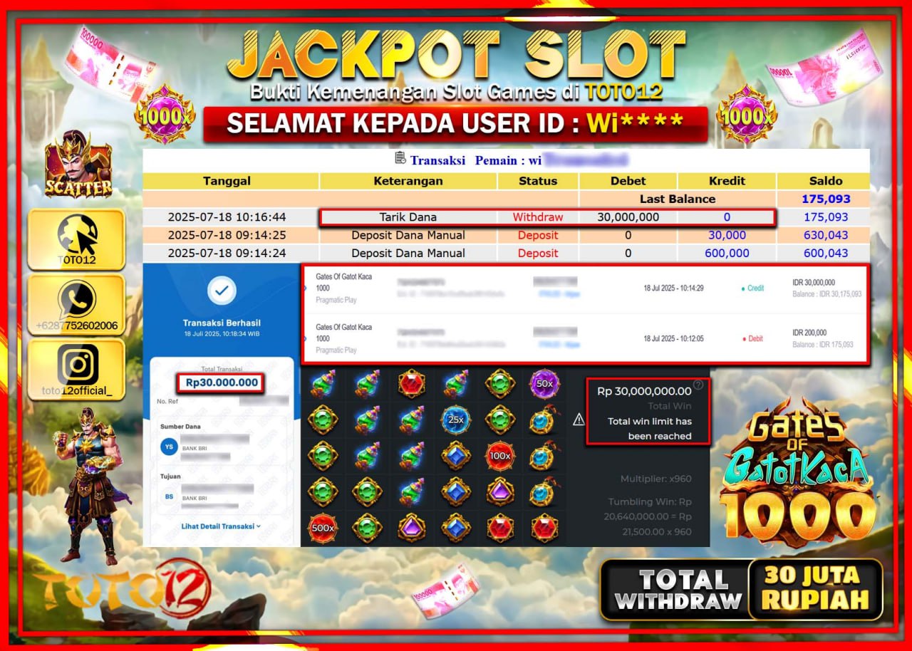 HANYA DI TOTO12 JP PASTI DI BAYAR LUNAS DAN CEPAT!!!!!! JACKPOT SLOT GAME (GATES OF GATOT KACA 1000) Rp.30.000.000 !!!!