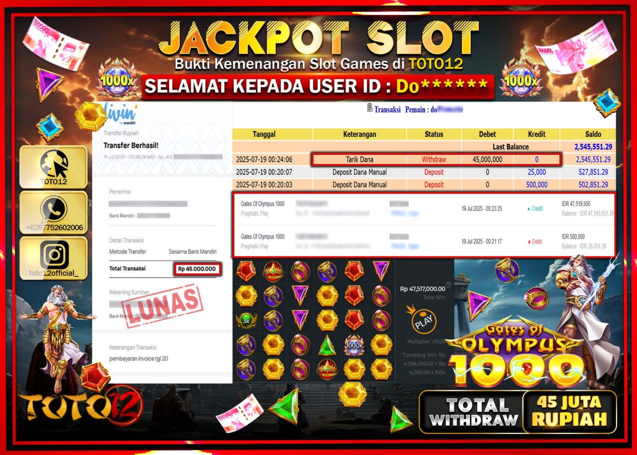 HANYA DI TOTO12 JP PASTI DI BAYAR LUNAS DAN CEPAT!!!!!! JACKPOT SLOT GAME (GATES OF OLYMPUS 1000) Rp.45.000.000 !!!!