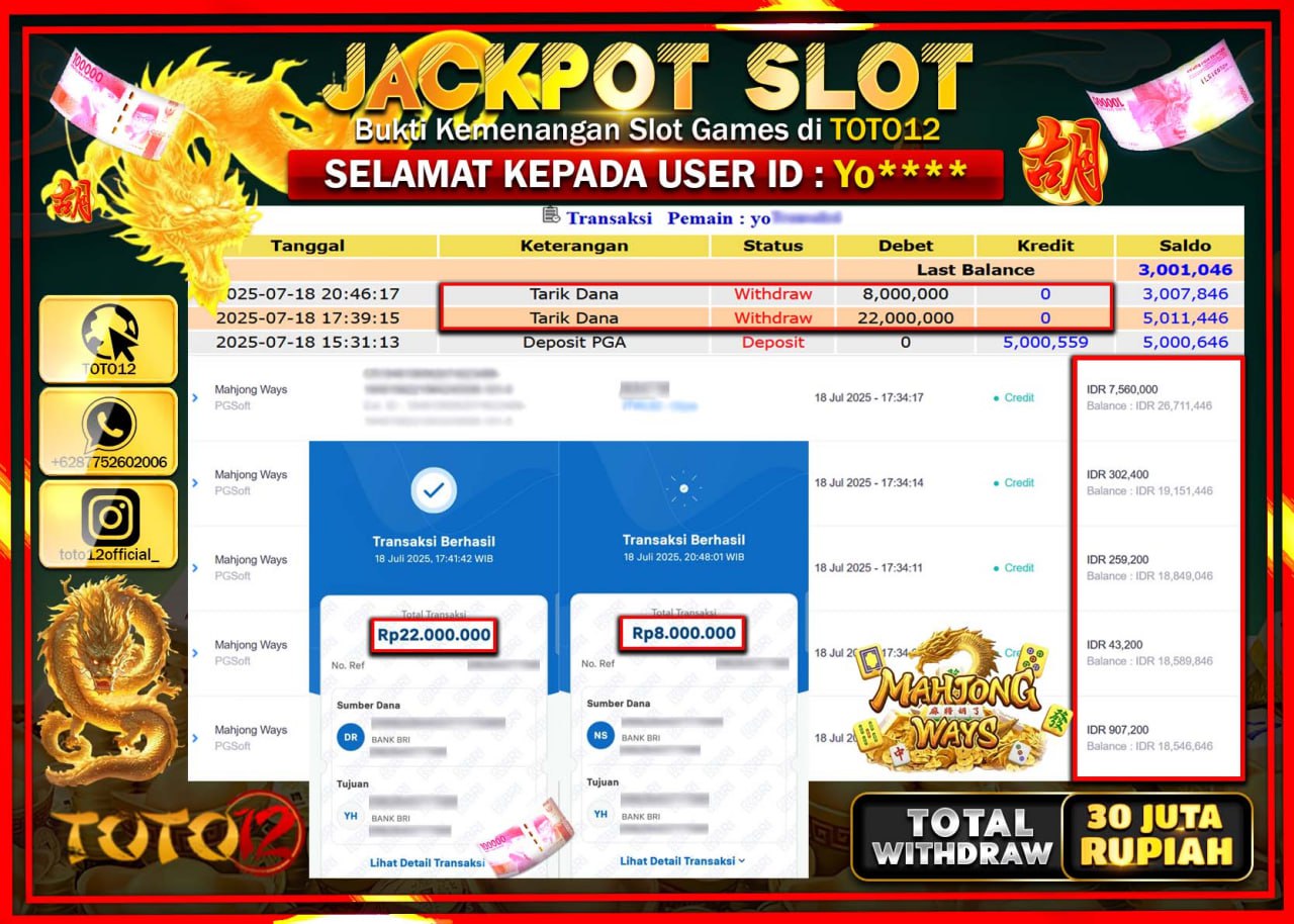 HANYA DI TOTO12 JP PASTI DI BAYAR LUNAS DAN CEPAT!!!!!! JACKPOT SLOT GAME (MAHJONG WAYS) Rp.30.000.000 !!!!