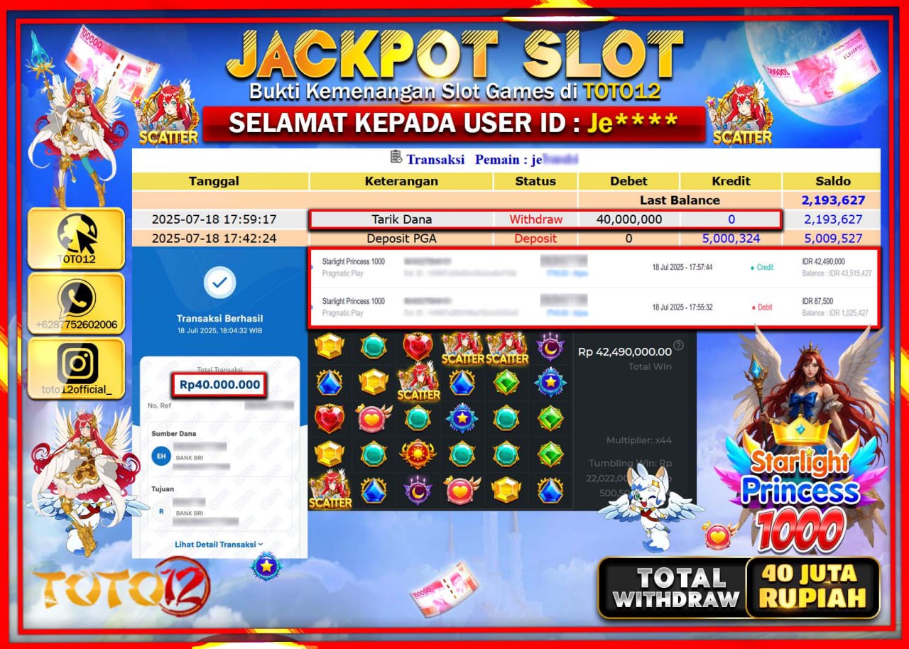 HANYA DI TOTO12 JP PASTI DI BAYAR LUNAS DAN CEPAT!!!!!! JACKPOT SLOT GAME (STARLIGHT PRINCESS 1000) Rp.40.000.000 !!!!