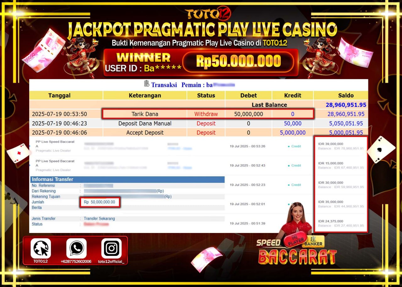 HANYA DI TOTO12 JP PASTI DI BAYAR LUNAS DAN CEPAT!!!!!! JACKPOT PRAGMATIC PLAY LIVE CASINO (SPEED BACCARAT) Rp.50.000.000 !!!!