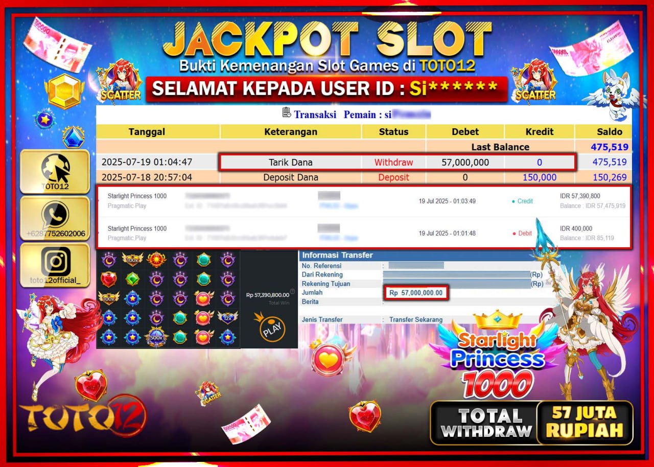 HANYA DI TOTO12 JP PASTI DI BAYAR LUNAS DAN CEPAT!!!!!! JACKPOT SLOT GAME (STARLIGHT PRINCESS 1000) Rp.57.000.000 !!!!