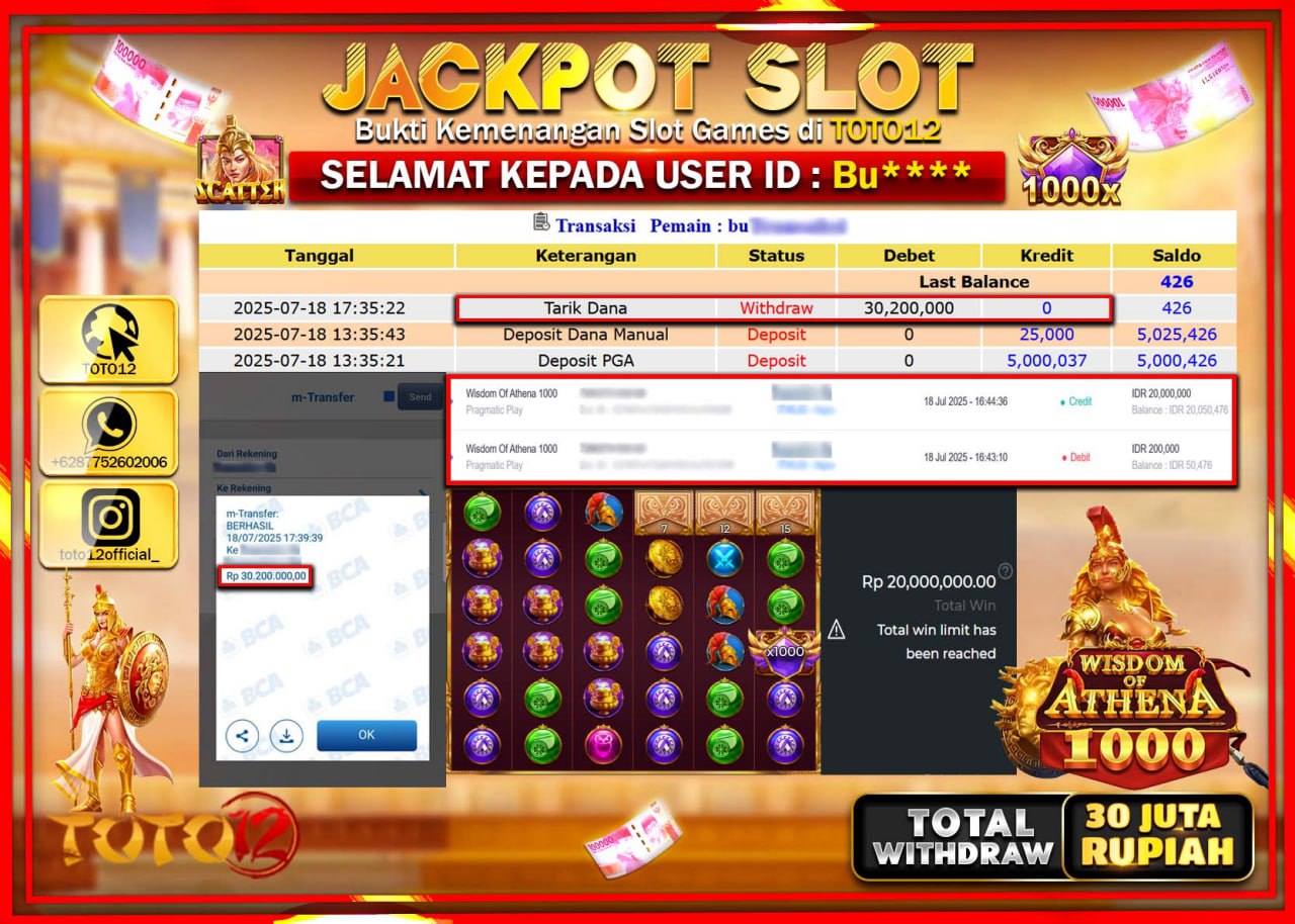 HANYA DI TOTO12 JP PASTI DI BAYAR LUNAS DAN CEPAT!!!!!! JACKPOT SLOT GAME (WISDOM OF ATHENA 1000) Rp.30.000.000 !!!!