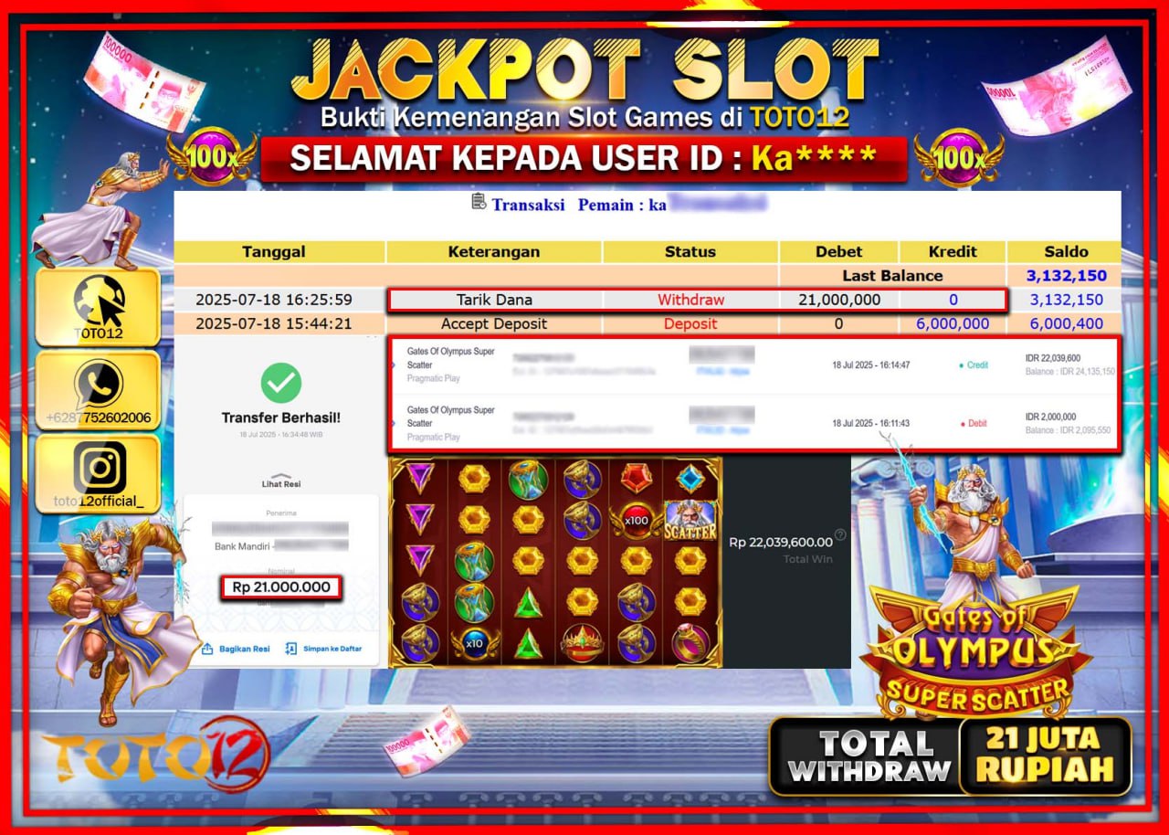 HANYA DI TOTO12 JP PASTI DI BAYAR LUNAS DAN CEPAT!!!!!! JACKPOT SLOT GAME (GATES OF OLYMPUS SUPER SCATTER) Rp.21.000.000 !!!!