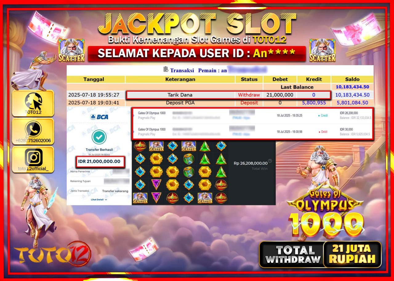 HANYA DI TOTO12 JP PASTI DI BAYAR LUNAS DAN CEPAT!!!!!! JACKPOT SLOT GAME (GATES OF OLYMPUS 1000) Rp.21.000.000 !!!!
