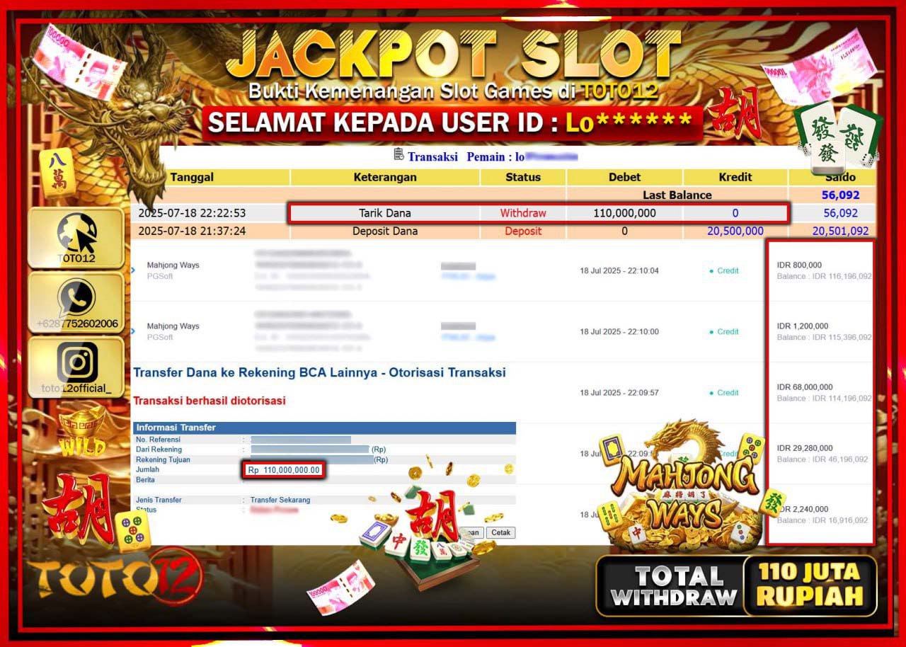 HANYA DI TOTO12 JP PASTI DI BAYAR LUNAS DAN CEPAT!!!!!! JACKPOT SLOT GAME (MAHJONG WAYS) Rp.110.000.000 !!!!