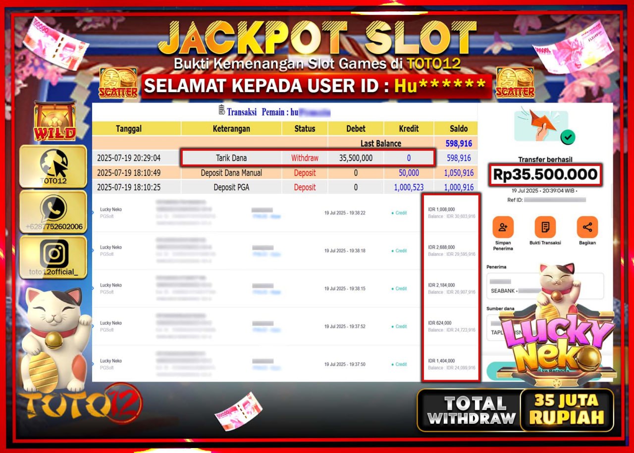 HANYA DI TOTO12 JP PASTI DI BAYAR LUNAS DAN CEPAT!!!!!! JACKPOT SLOT GAME (LUCKY NEKO) Rp.35.000.000 !!!!