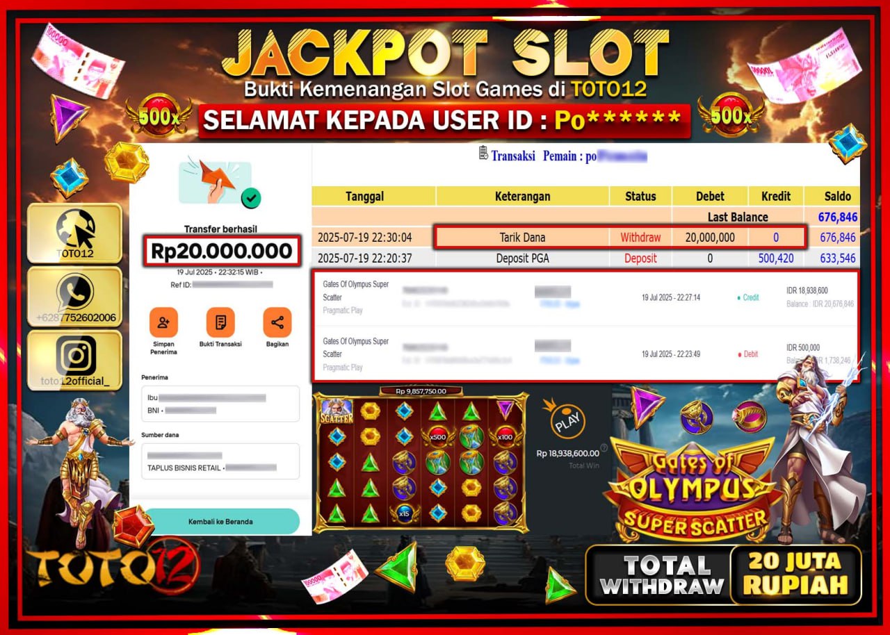 HANYA DI TOTO12 JP PASTI DI BAYAR LUNAS DAN CEPAT!!!!!! JACKPOT SLOT GAME (GATES OF OLYMPUS SUPER SCATTER) Rp.20.000.000 !!!!