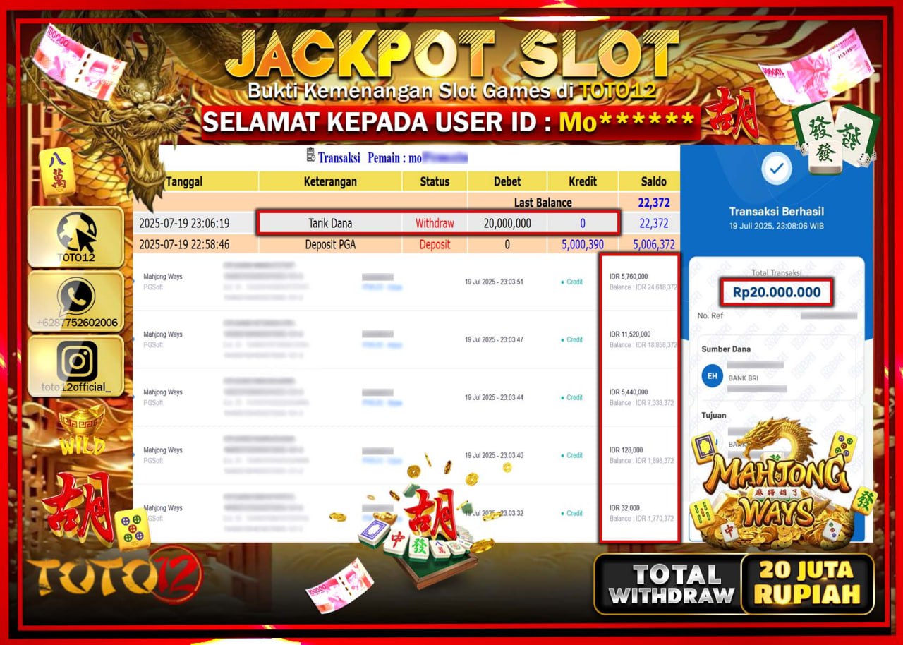 HANYA DI TOTO12 JP PASTI DI BAYAR LUNAS DAN CEPAT!!!!!! JACKPOT SLOT GAME (MAHJONG WAYS) Rp.20.000.000 !!!!
