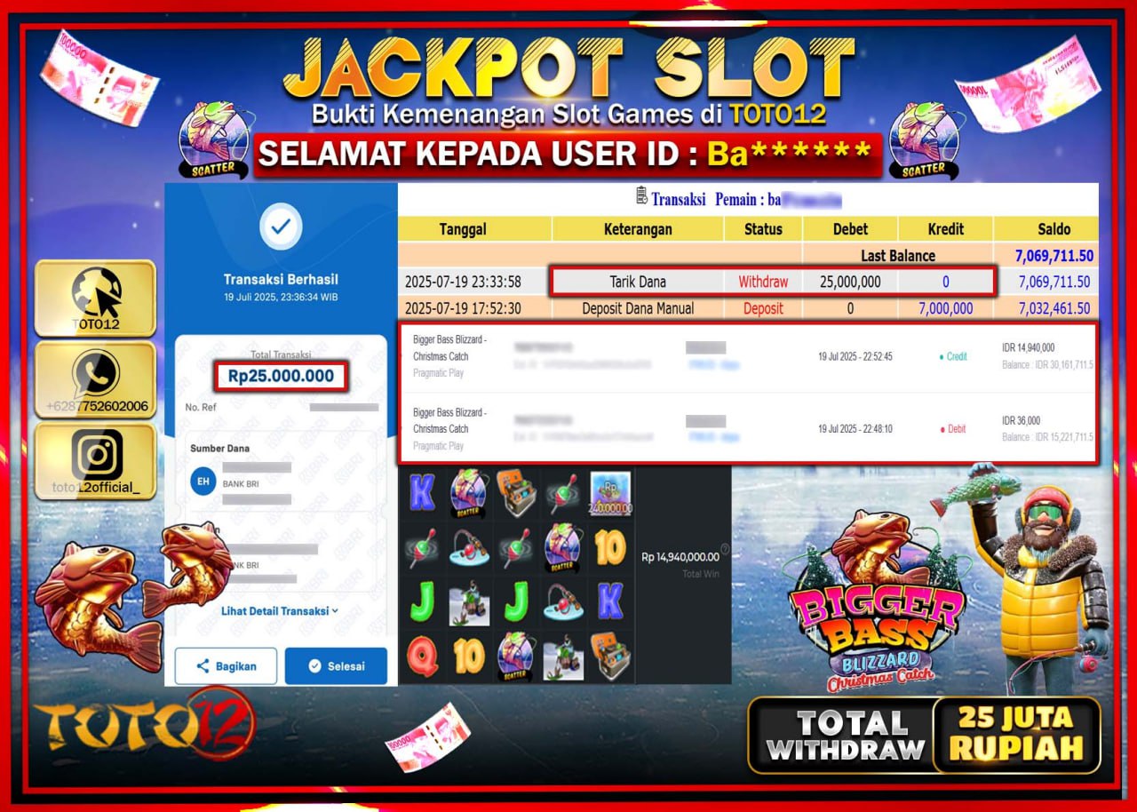 HANYA DI TOTO12 JP PASTI DI BAYAR LUNAS DAN CEPAT!!!!!! JACKPOT SLOT GAME (BIGGER BASS BLIZZARD) Rp.25.000.000 !!!!