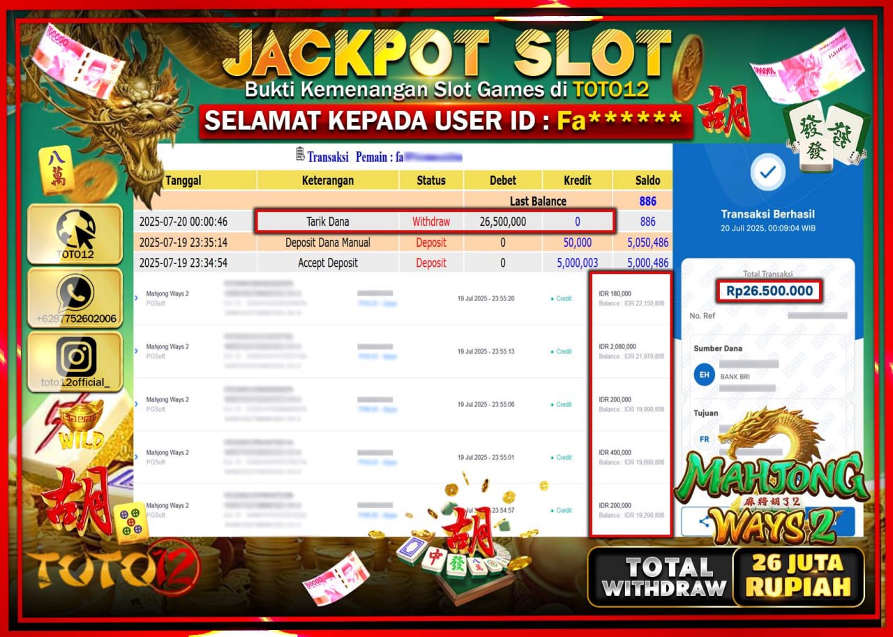 HANYA DI TOTO12 JP PASTI DI BAYAR LUNAS DAN CEPAT!!!!!! JACKPOT SLOT GAME (MAHJONG WAYS 2) Rp.26.000.000 !!!!