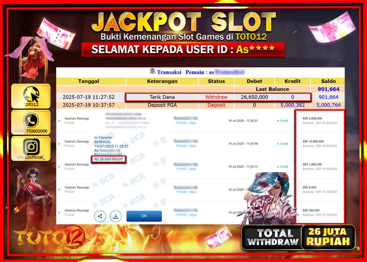 HANYA DI TOTO12 JP PASTI DI BAYAR LUNAS DAN CEPAT!!!!!! JACKPOT SLOT GAME (GEISHAS REVENGE) Rp.26.000.000 !!!!