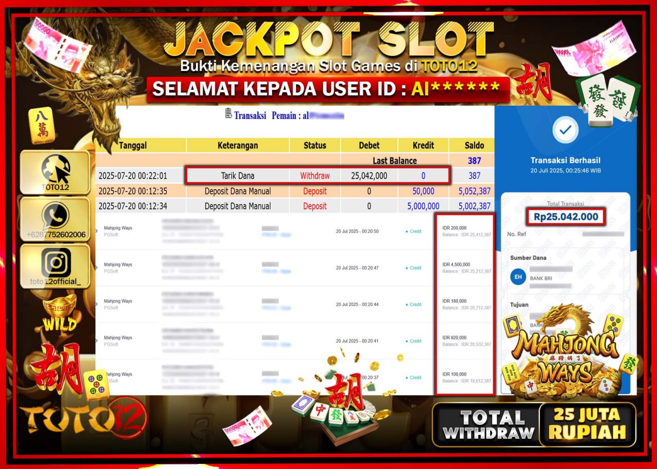 HANYA DI TOTO12 JP PASTI DI BAYAR LUNAS DAN CEPAT!!!!!! JACKPOT SLOT GAME (MAHJONG WAYS) Rp.25.000.000 !!!!