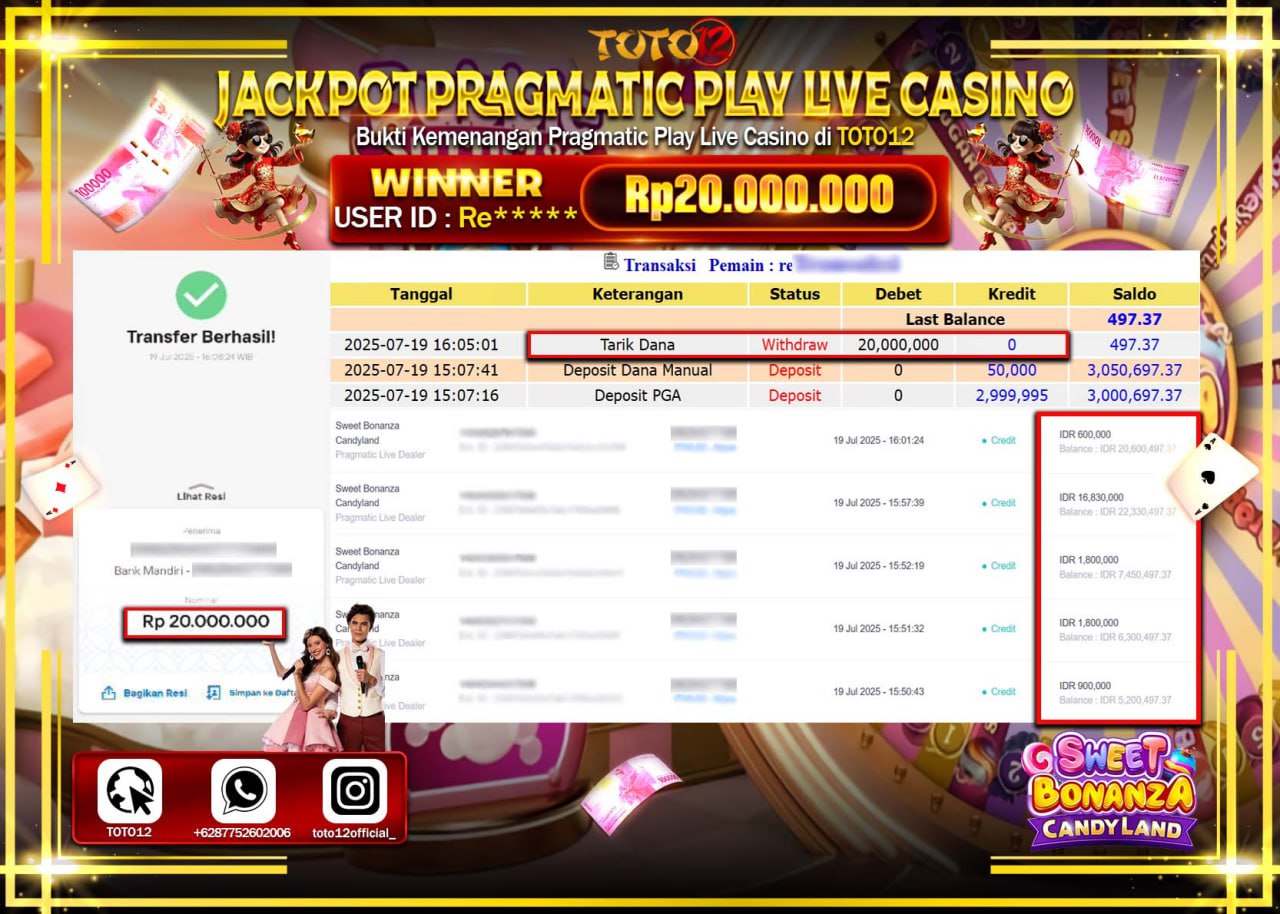 HANYA DI TOTO12 JP PASTI DI BAYAR LUNAS DAN CEPAT!!!!!! JACKPOT PRAGMATIC PLAY LIVE CASINO (SWEET BONANZA CANDY LAND) Rp.20.000.000 !!!!