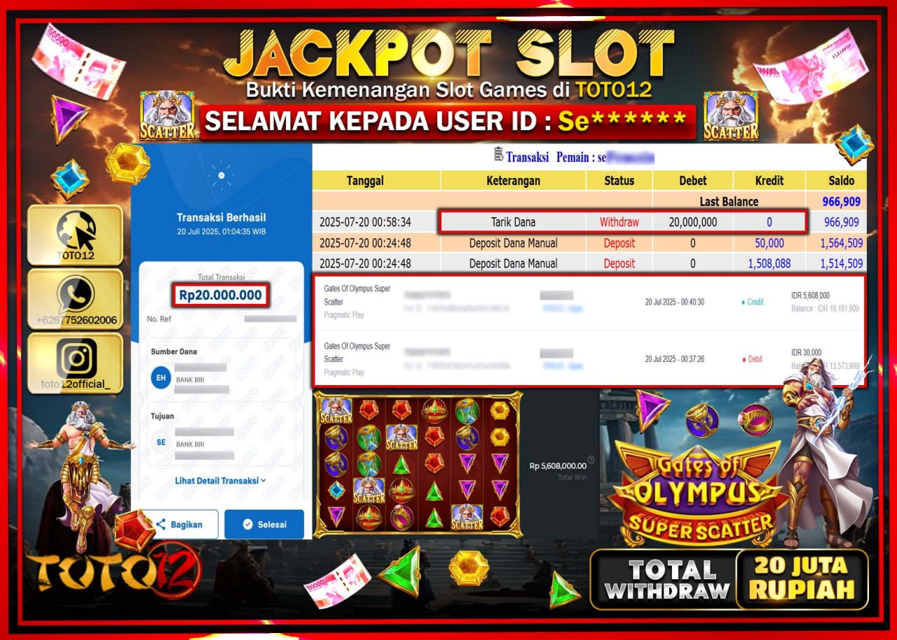 HANYA DI TOTO12 JP PASTI DI BAYAR LUNAS DAN CEPAT!!!!!! JACKPOT SLOT GAME (GATES OF OLYMPUS SUPER SCATTER) Rp.20.000.000 !!!!