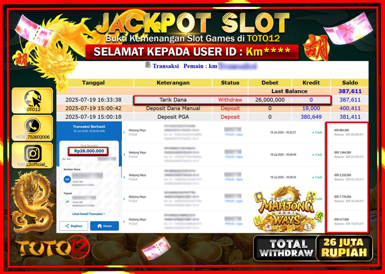 HANYA DI TOTO12 JP PASTI DI BAYAR LUNAS DAN CEPAT!!!!!! JACKPOT SLOT GAME (MAHJONG WAYS) Rp.26.000.000 !!!!
