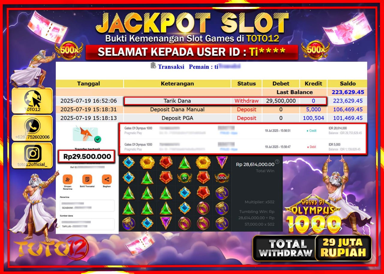 HANYA DI TOTO12 JP PASTI DI BAYAR LUNAS DAN CEPAT!!!!!! JACKPOT SLOT GAME (GATES OF OLYMPUS 1000) Rp.29.000.000 !!!!