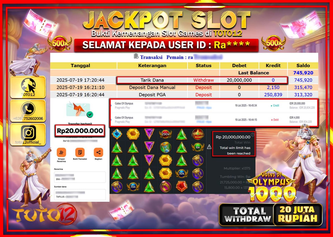 HANYA DI TOTO12 JP PASTI DI BAYAR LUNAS DAN CEPAT!!!!!! JACKPOT SLOT GAME (GATES OF OLYMPUS 1000) Rp.20.000.000 !!!!