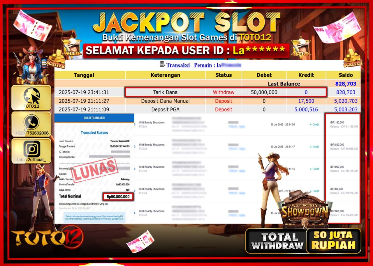HANYA DI TOTO12 JP PASTI DI BAYAR LUNAS DAN CEPAT!!!!!! JACKPOT SLOT GAME (WILD BOUNTY SHOWDOWN) Rp.50.000.000 !!!!