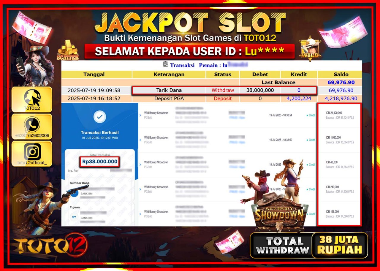 HANYA DI TOTO12 JP PASTI DI BAYAR LUNAS DAN CEPAT!!!!!! JACKPOT SLOT GAME (WILD BOUNTY SHOWDOWN) Rp.38.000.000 !!!!