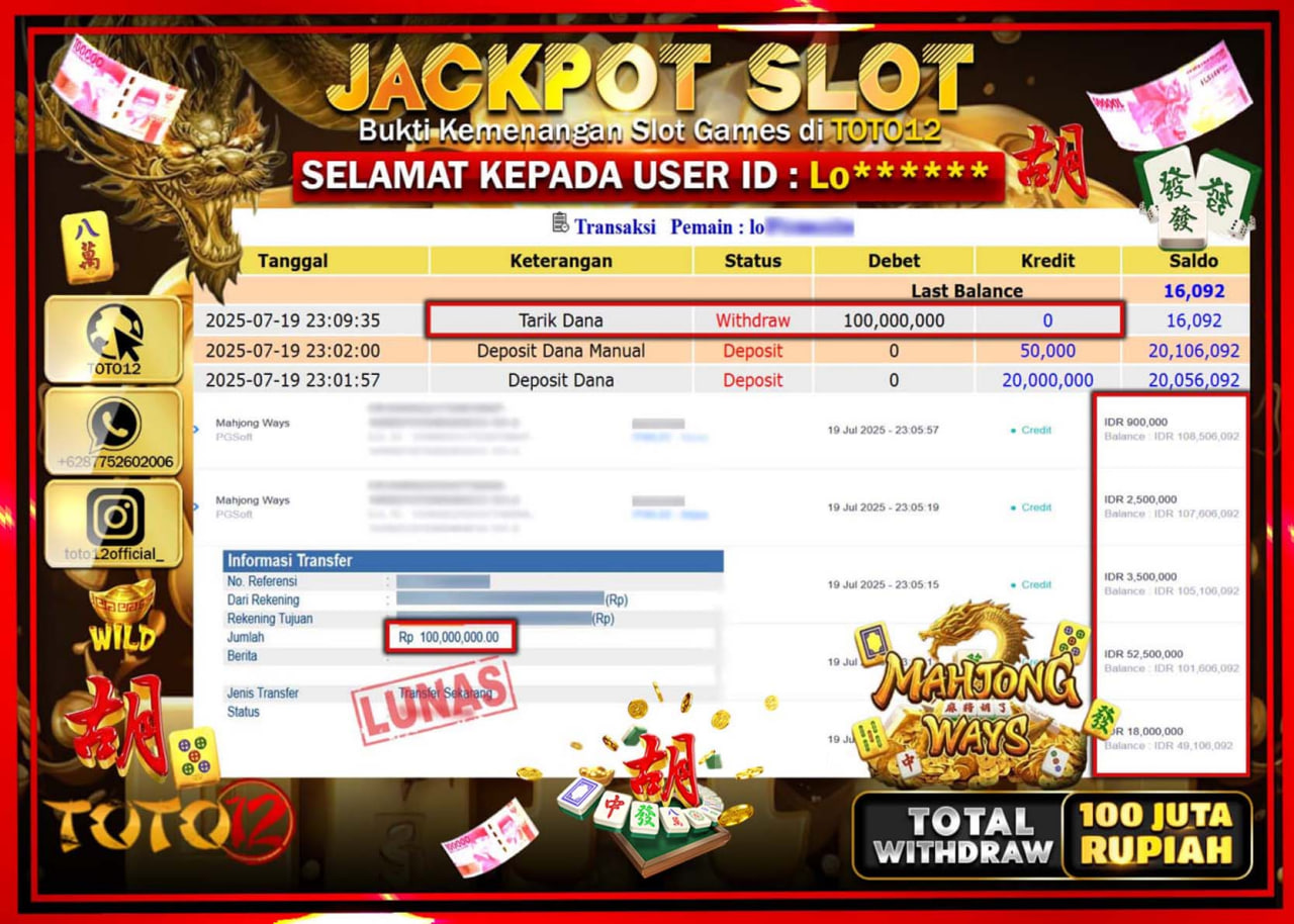 HANYA DI TOTO12 JP PASTI DI BAYAR LUNAS DAN CEPAT!!!!!! JACKPOT SLOT GAME (MAHJONG WAYS) Rp.100.000.000 !!!!