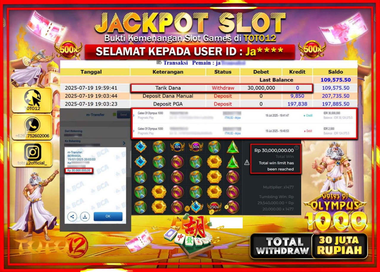 HANYA DI TOTO12 JP PASTI DI BAYAR LUNAS DAN CEPAT!!!!!! JACKPOT SLOT GAME (GATES OF OLYMPUS 1000) Rp.30.000.000 !!!!